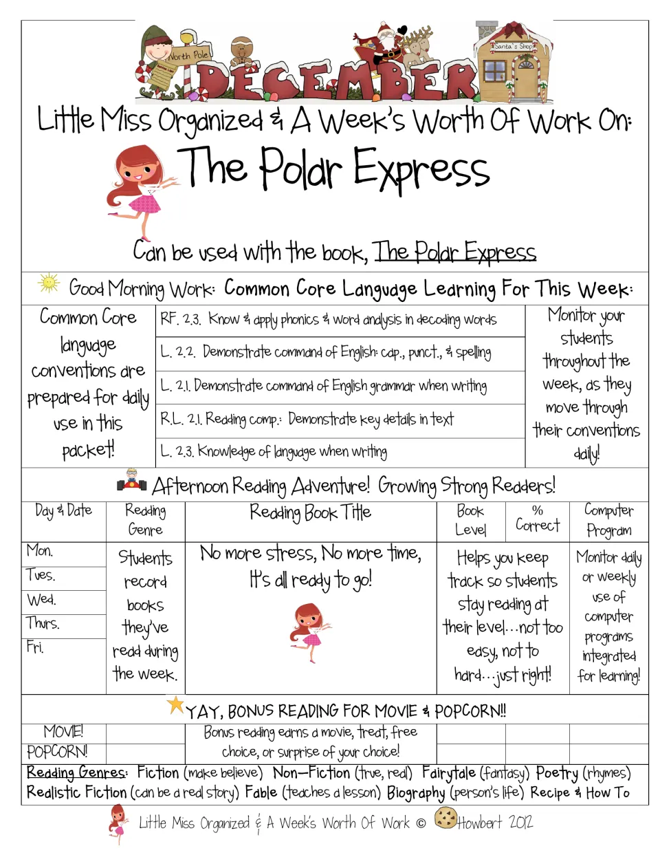 Reading packet cover introduces a week of language practice, reading records, and bonus reading rewards.