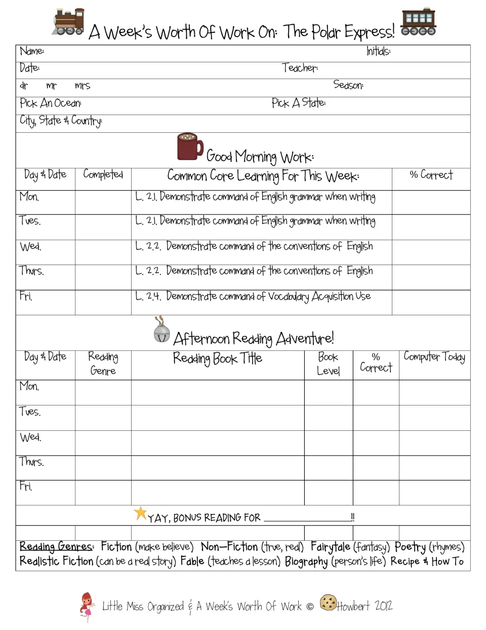 Weekly student tracker records morning work completion, reading genres, book titles, and computer use.