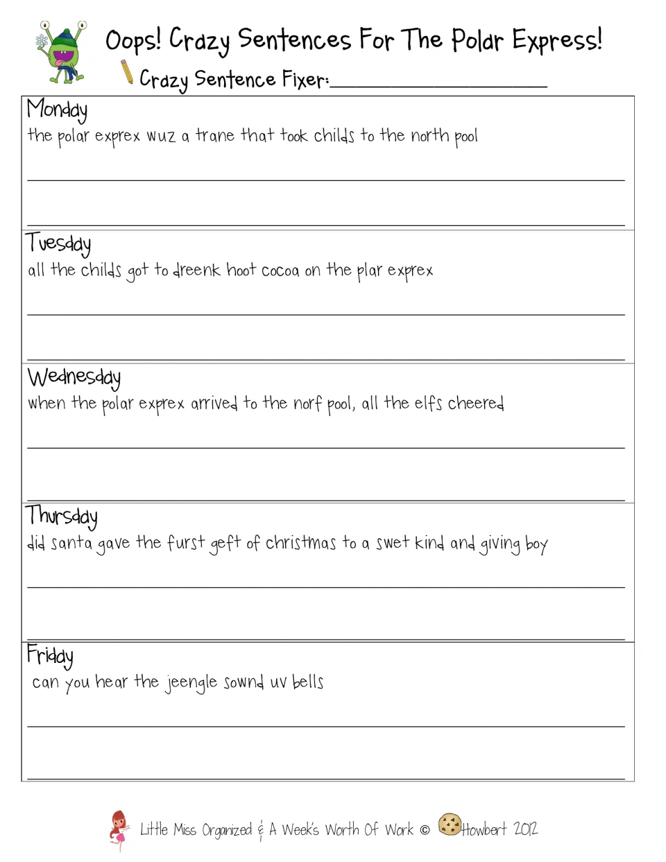 Daily sentence correction practice includes five sentences about the train, cocoa, elves, Santa, and bells.