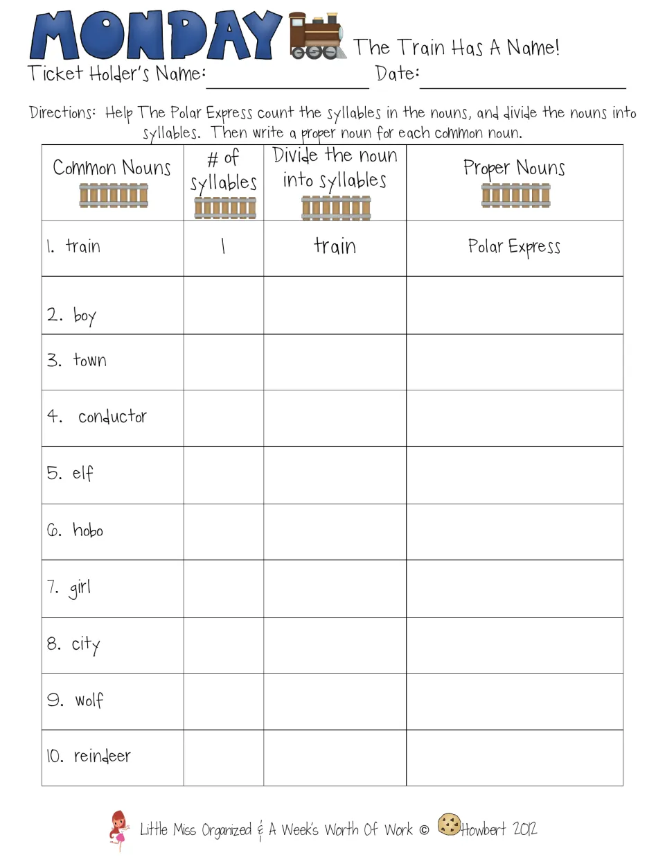 Monday's noun activity asks students to count and divide syllables and name proper nouns for ten words.