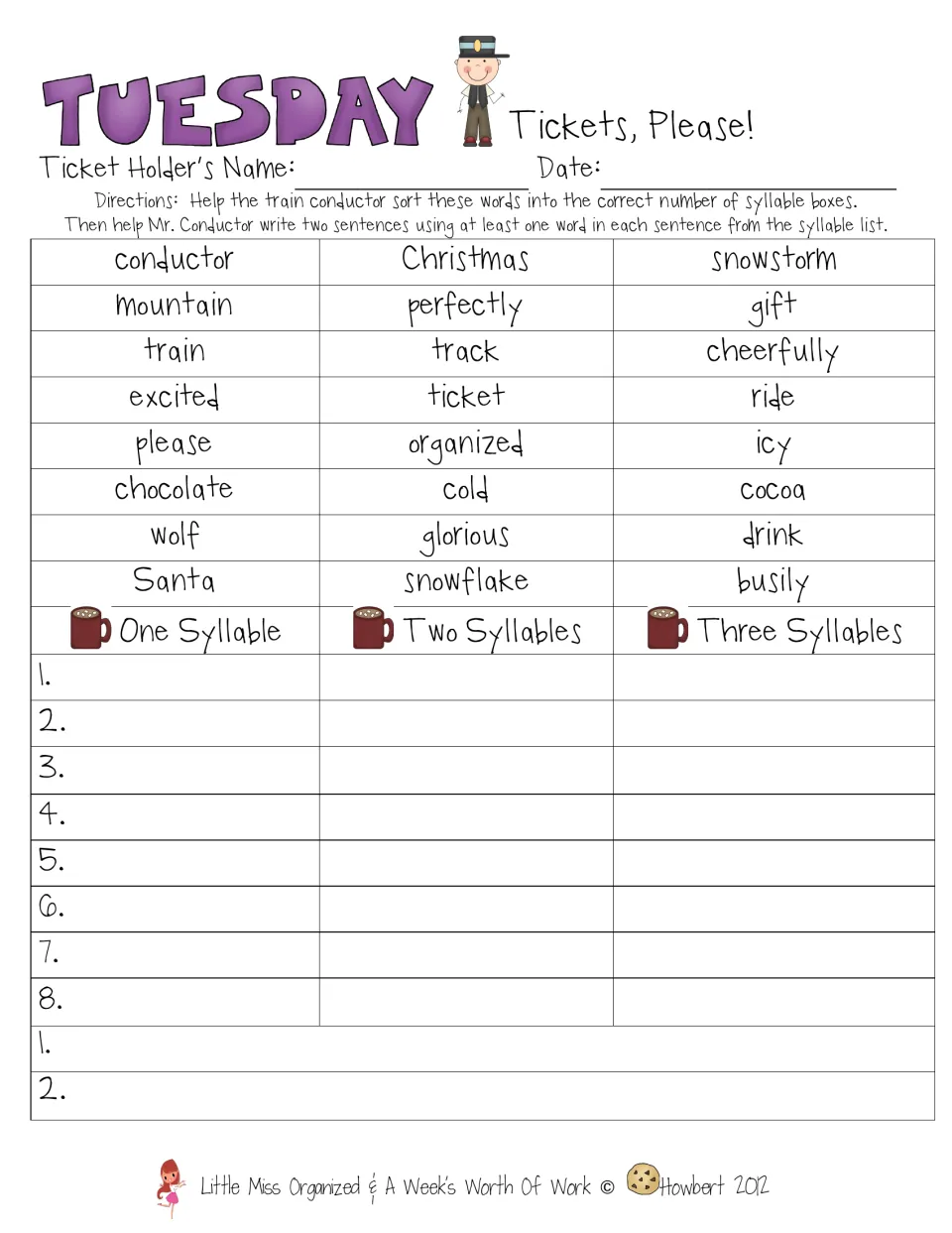 Tuesday's activity sorts 24 words, including conductor and cocoa, by syllable count and adds two sentences.