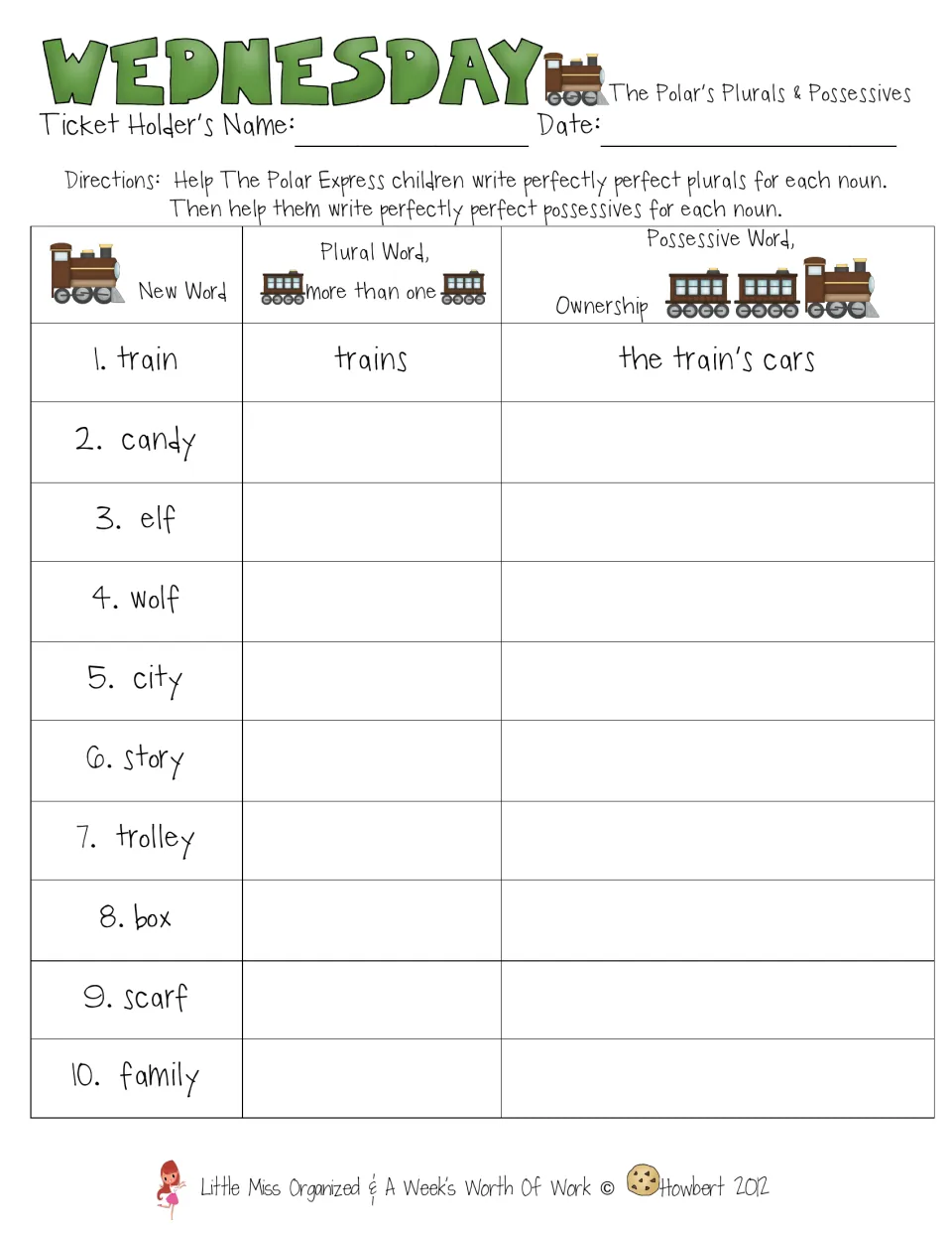 Wednesday's activity practices plurals and possessives for ten nouns, including train, candy, elf, and wolf.