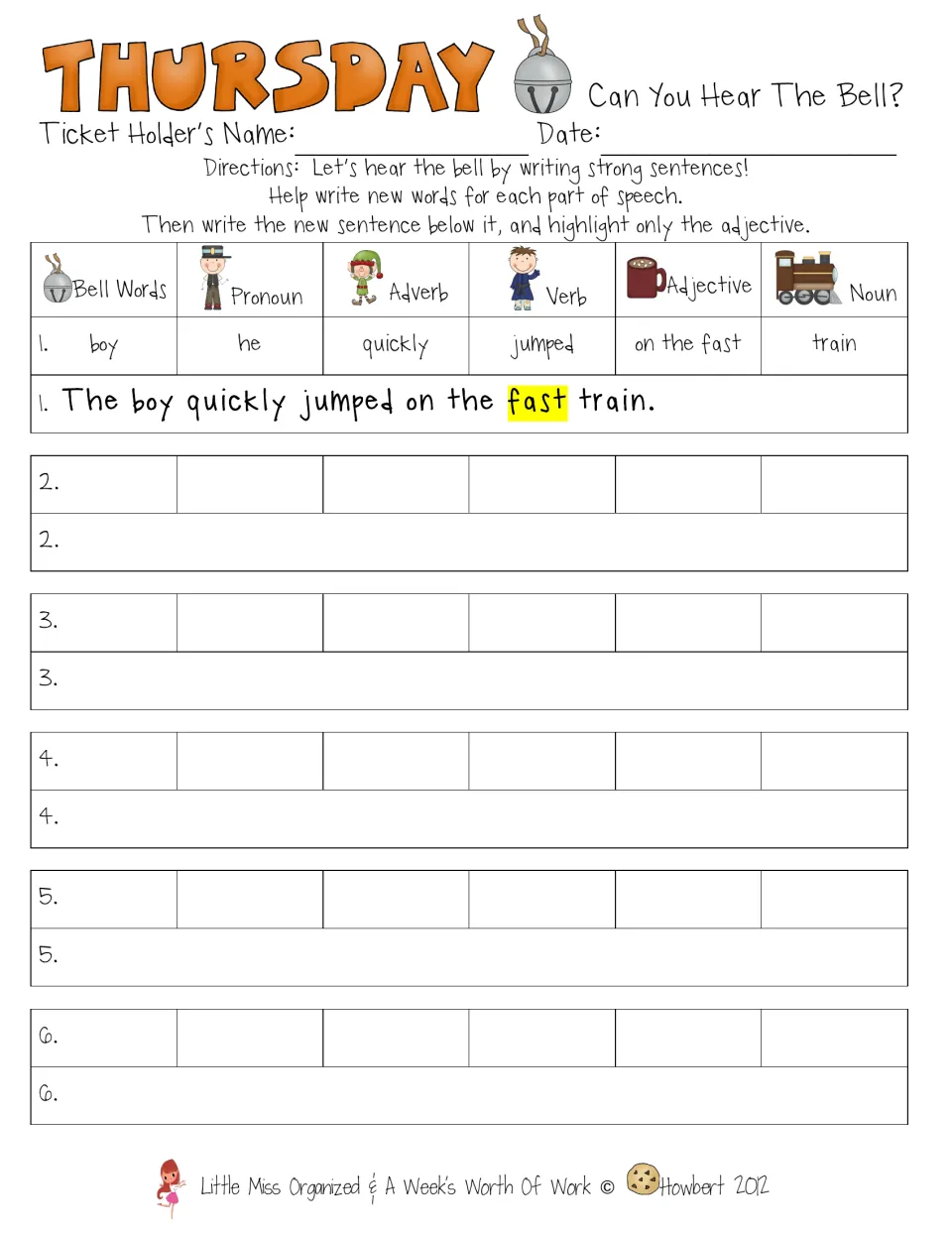 Thursday's sentence activity uses pronouns, adverbs, verbs, adjectives, and nouns, then highlights adjectives.