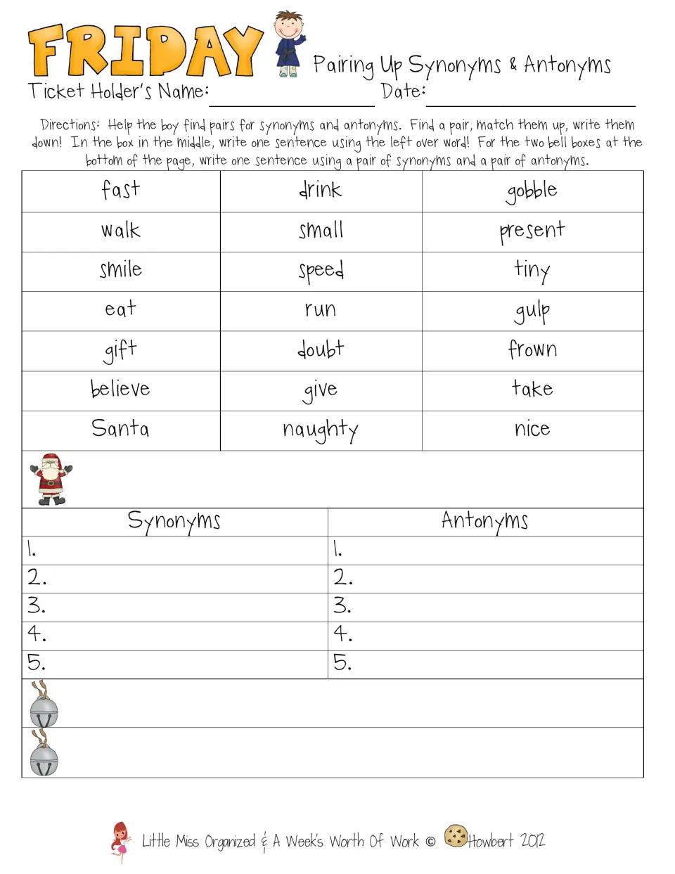 Friday's activity pairs synonyms and antonyms, including gift/present and give/take, and adds sentences.