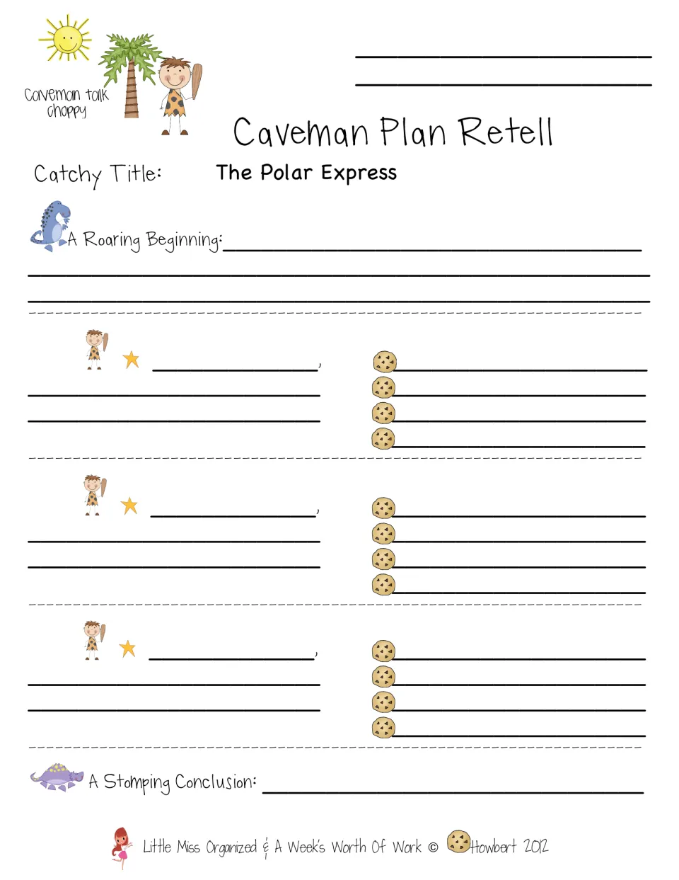 Story retelling planner includes a catchy title, a roaring beginning, three planning sections, and a conclusion.