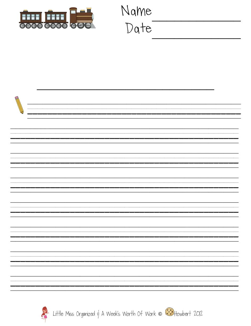 Blank writing template provides name and date prompts and space for students to write their own text.