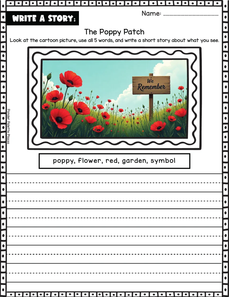 Story writing prompt: a poppy field and the five required words poppy, flower, red, garden, and symbol.