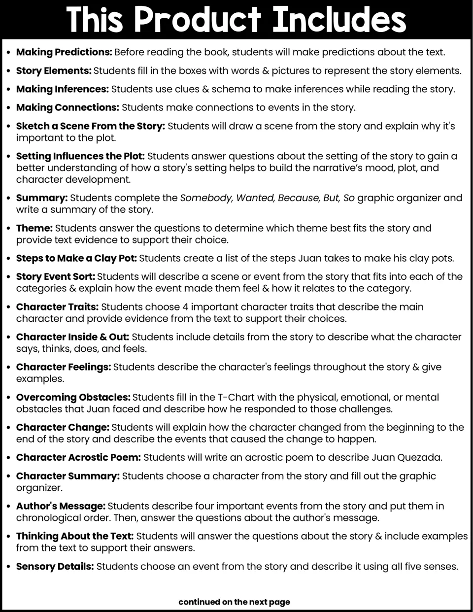 Book companion activity list introduces 20 tasks, from making predictions to describing sensory details.