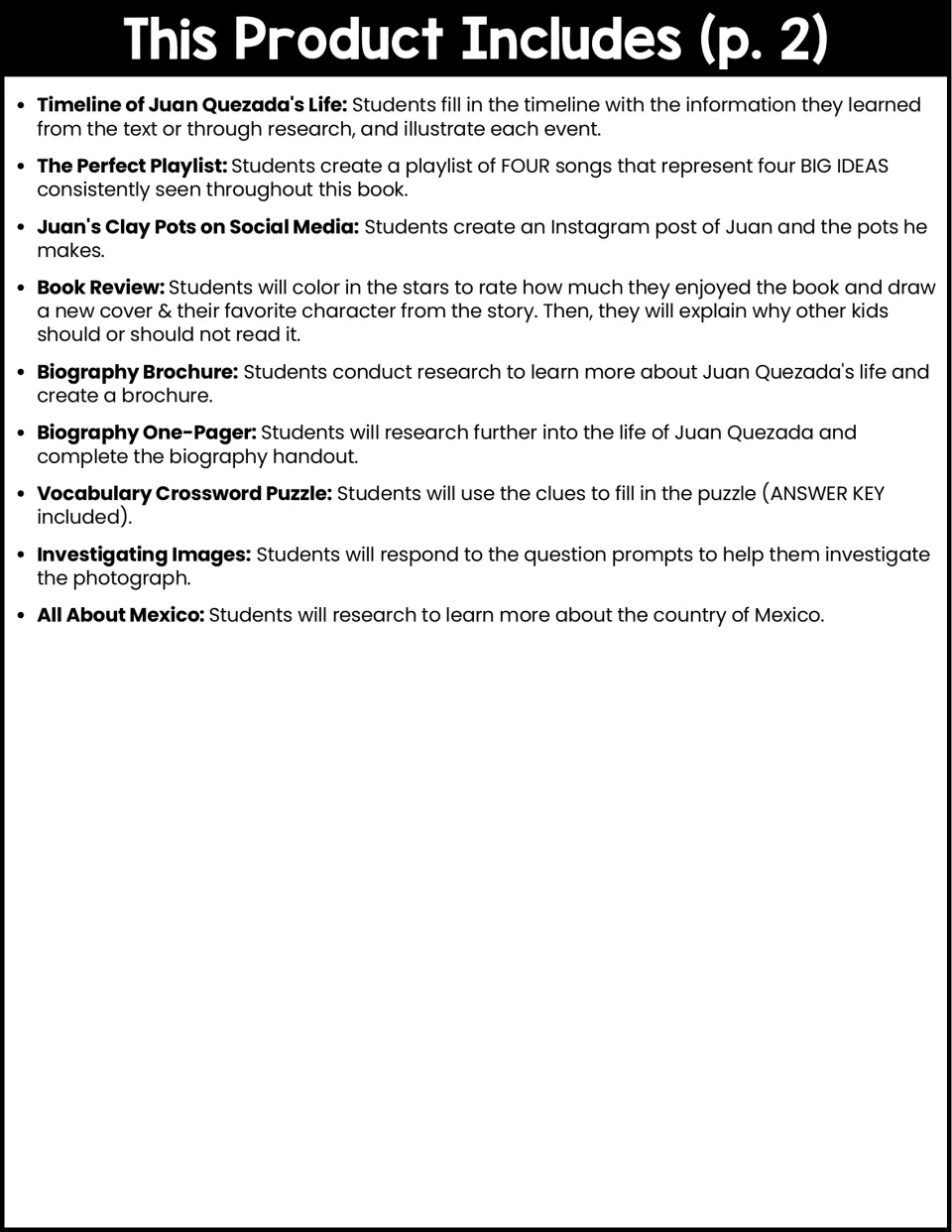 Book companion activity list continues with nine tasks, including a life timeline and Mexico research.