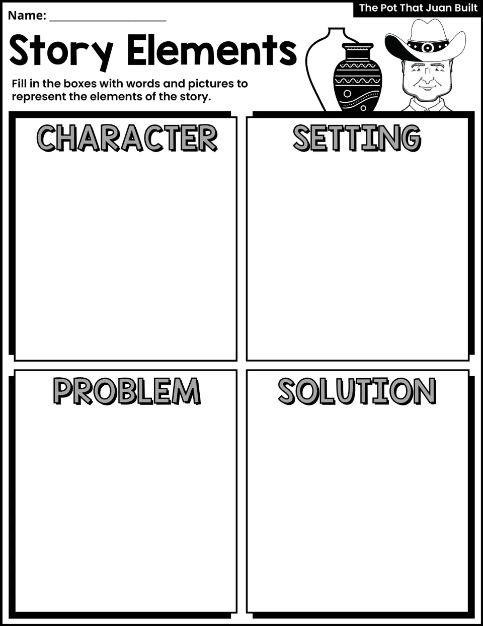 Story Elements activity asks students to represent the character, setting, problem, and solution in words and pictures.