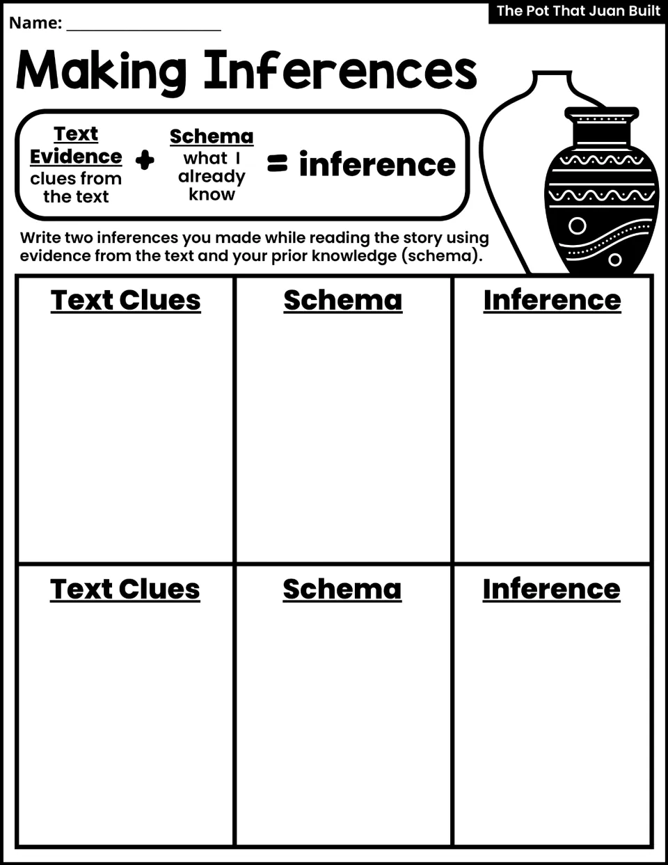 Making Inferences activity asks for two inferences supported by text clues and prior knowledge, called schema.