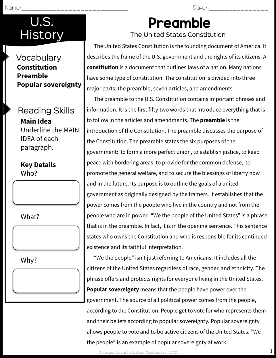 Preamble passage on the US Constitution: students underline each main idea and note who, what and why key details