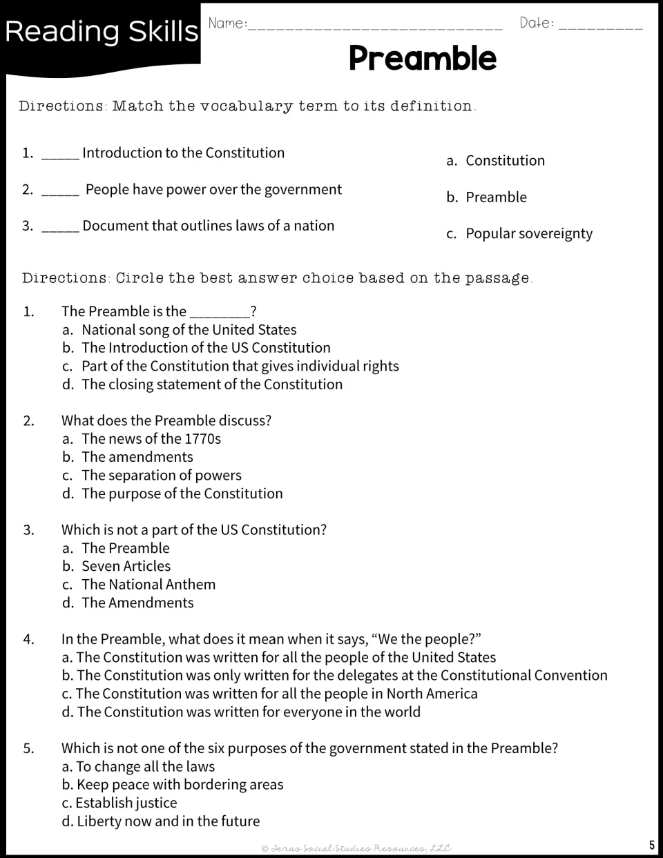 Preamble vocabulary and comprehension: students match three terms to definitions, then answer five multiple-choice items