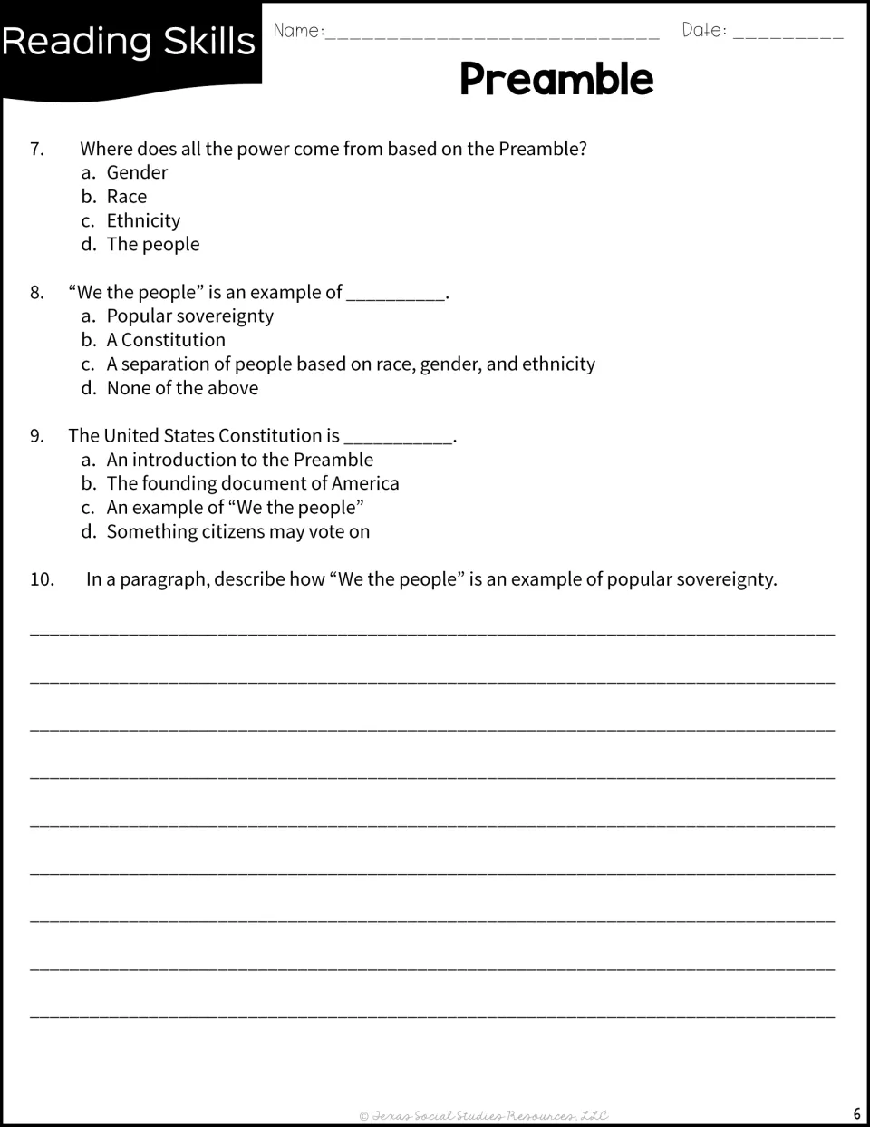 Preamble quiz continued: multiple-choice items 7 to 9, then a paragraph on how "We the people" shows popular sovereignty