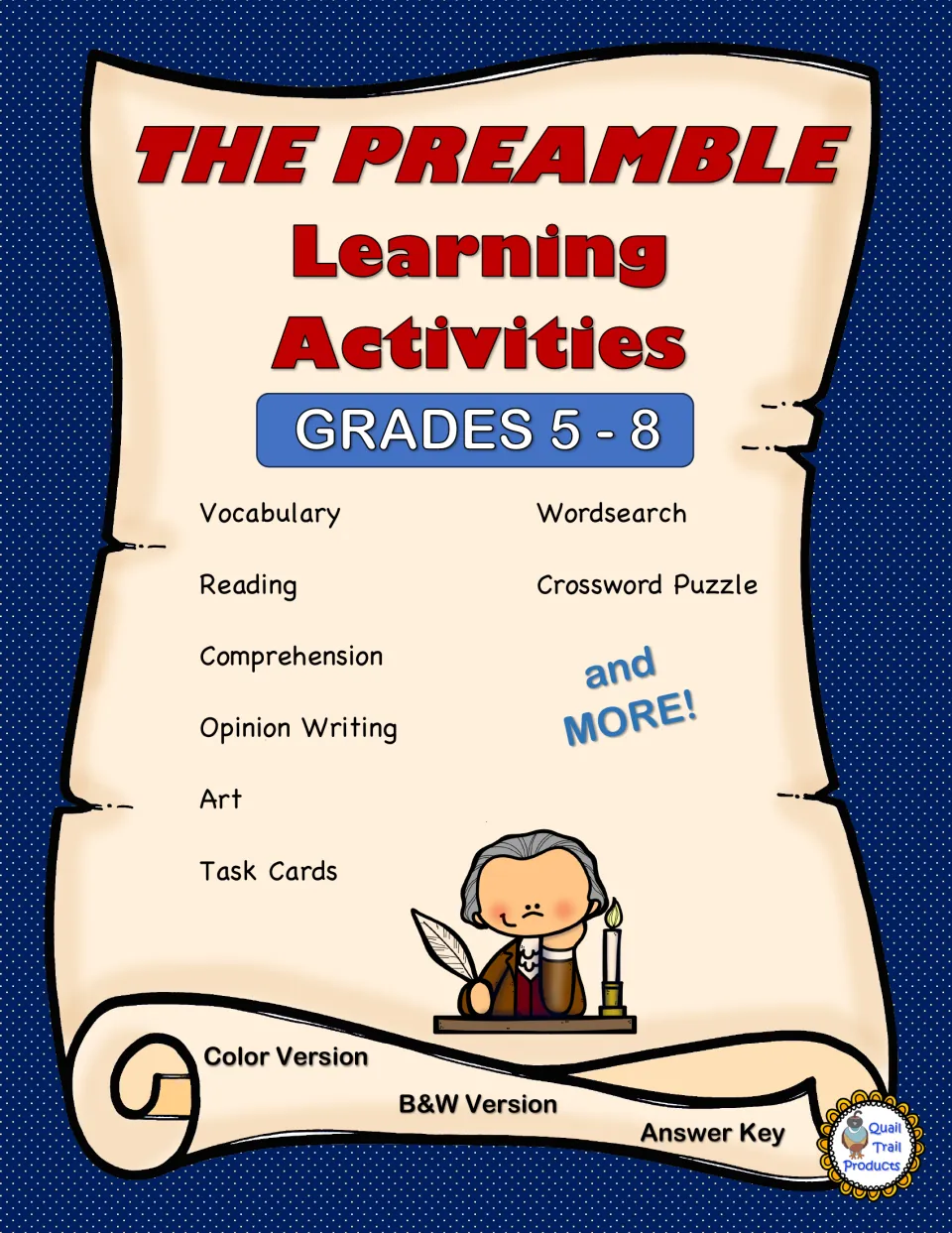 Cover of the Preamble activity packet for grades 5–8, listing vocabulary, reading, writing, and puzzles
