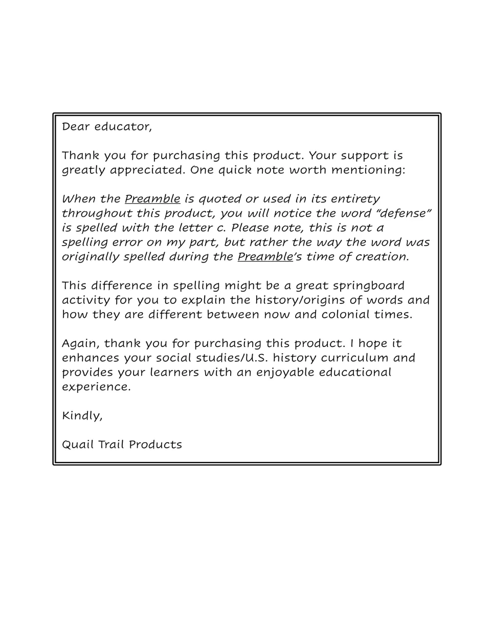 Educator note explaining the historical spelling 'defence' used in the packet's full Preamble quotations