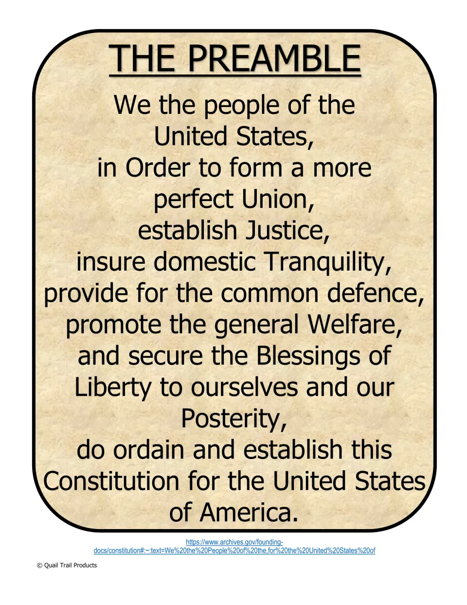 Preamble reference text in print font, beginning 'We the people' and ending 'United States of America'