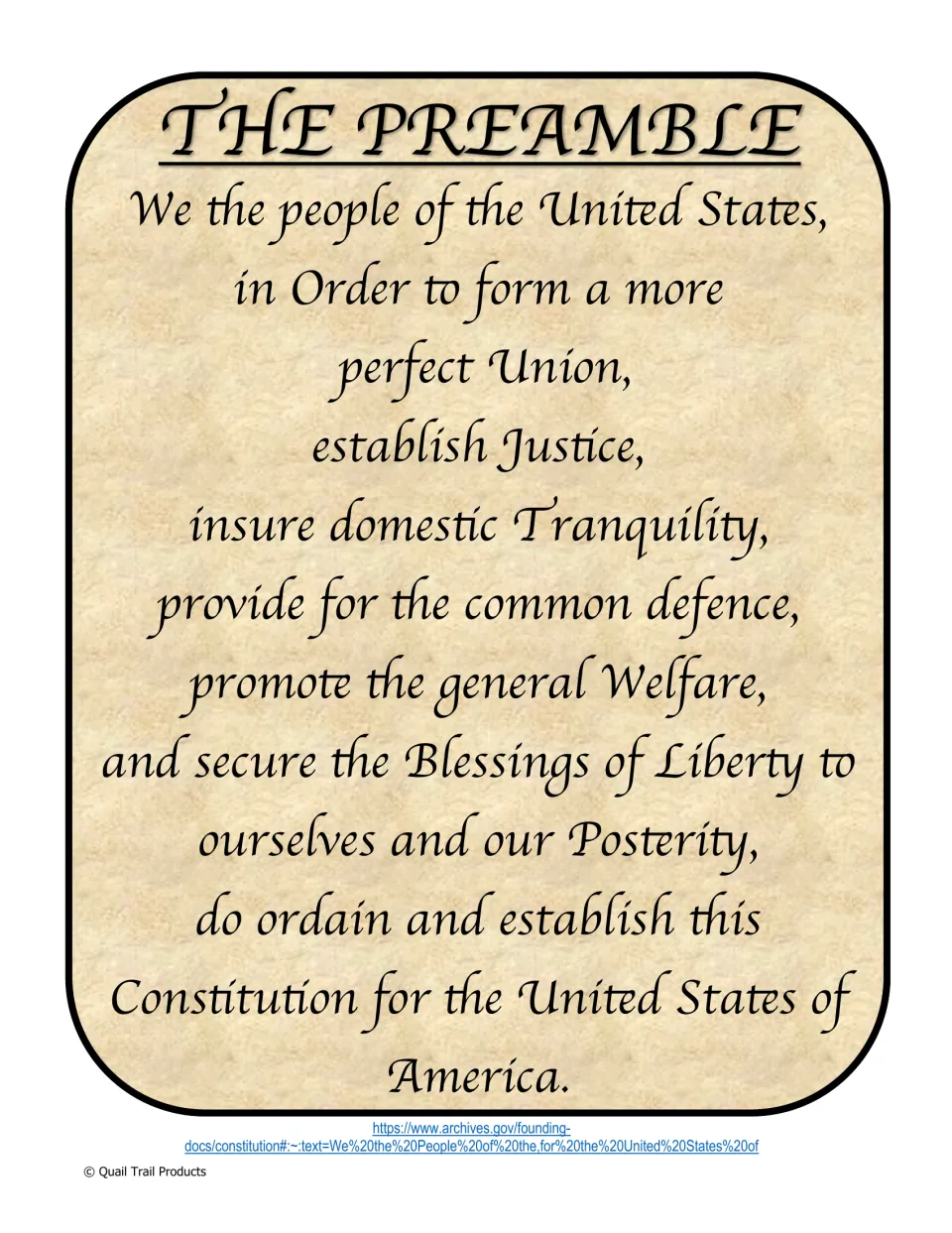 Preamble reference text in handwriting font, including justice, domestic tranquility, and common defence
