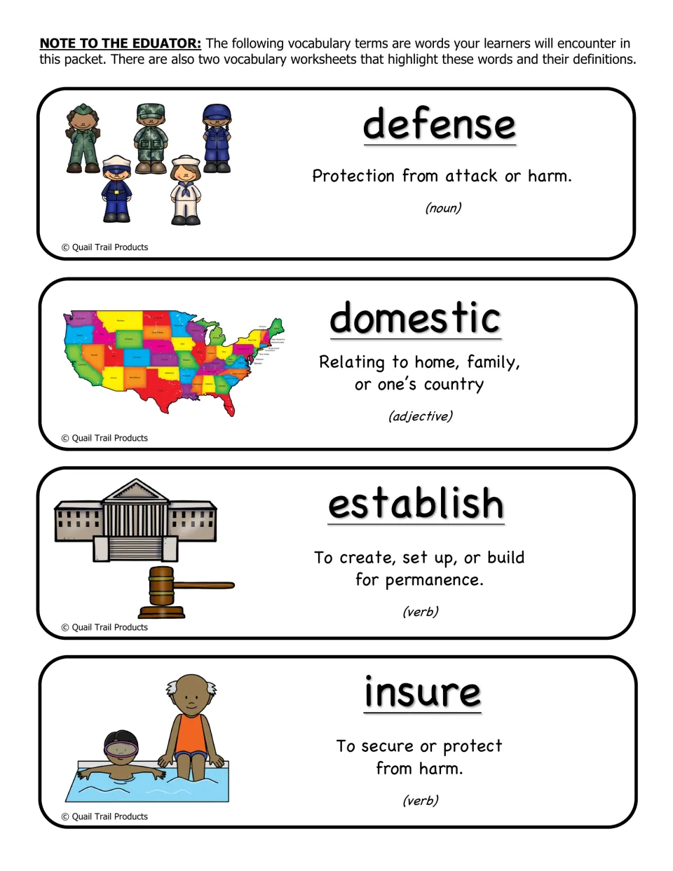 Preamble vocabulary terms 1–4 of 12: defense, domestic, establish, and insure, with definitions and pictures