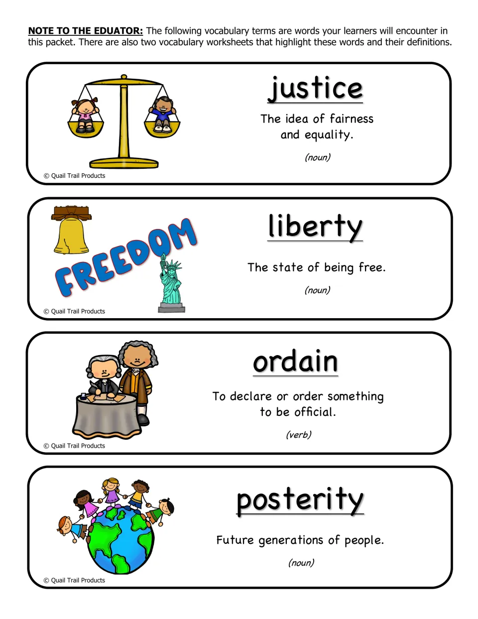 Preamble vocabulary terms 5–8 of 12: justice, liberty, ordain, and posterity, with definitions and pictures