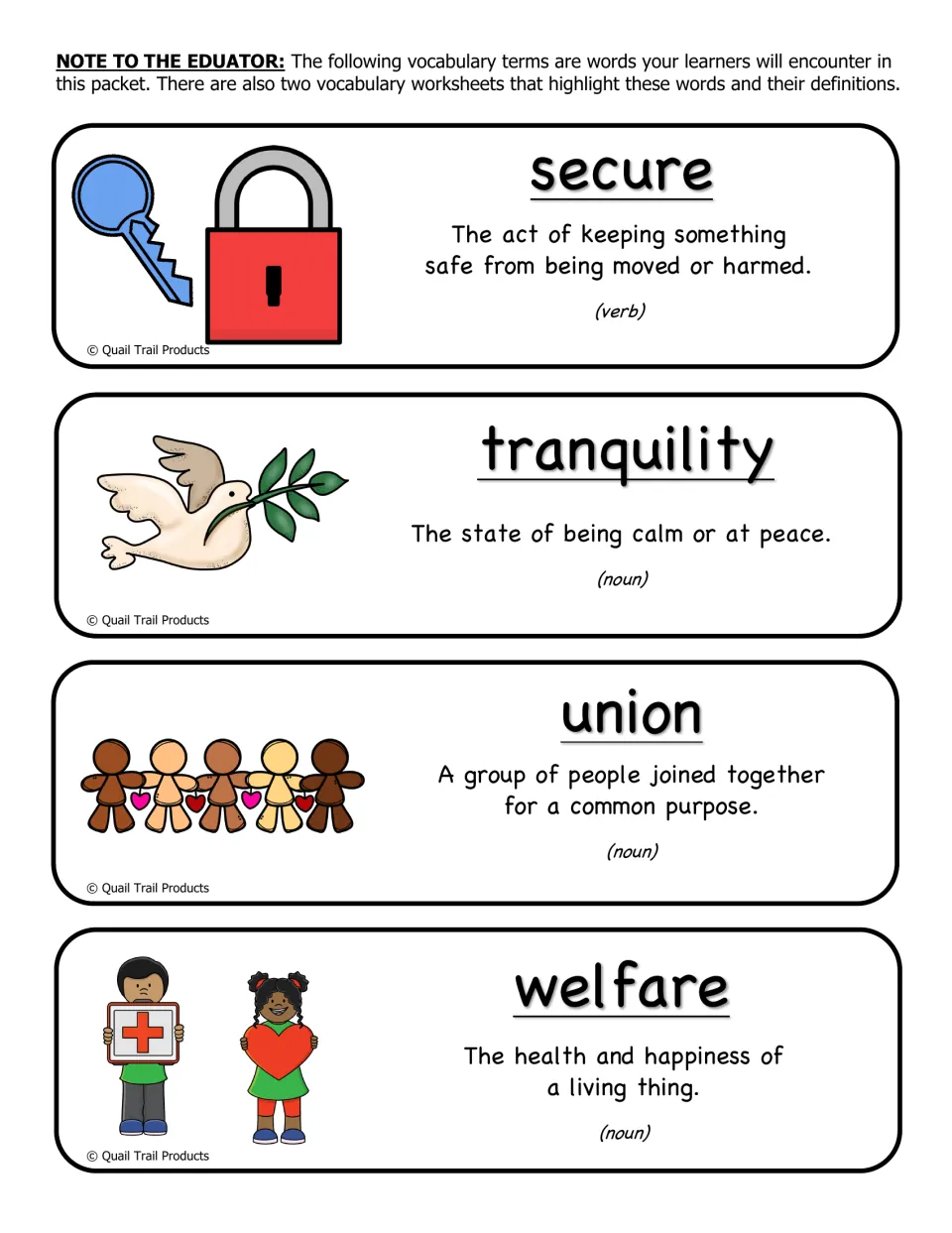 Preamble vocabulary terms 9–12 of 12: secure, tranquility, union, and welfare, with definitions and pictures