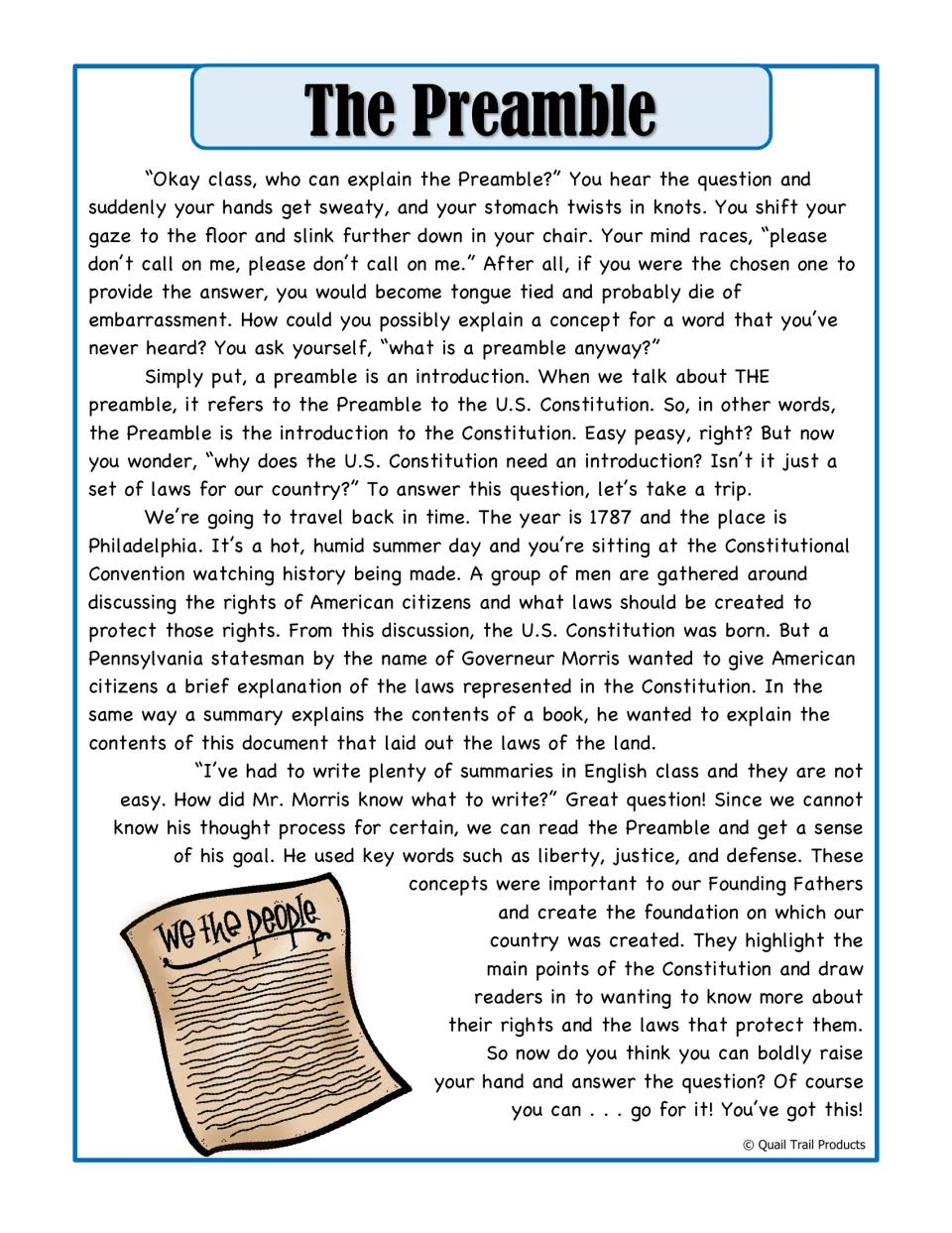 Reading passage explaining the Preamble's purpose, Gouverneur Morris's role, and the 1787 convention