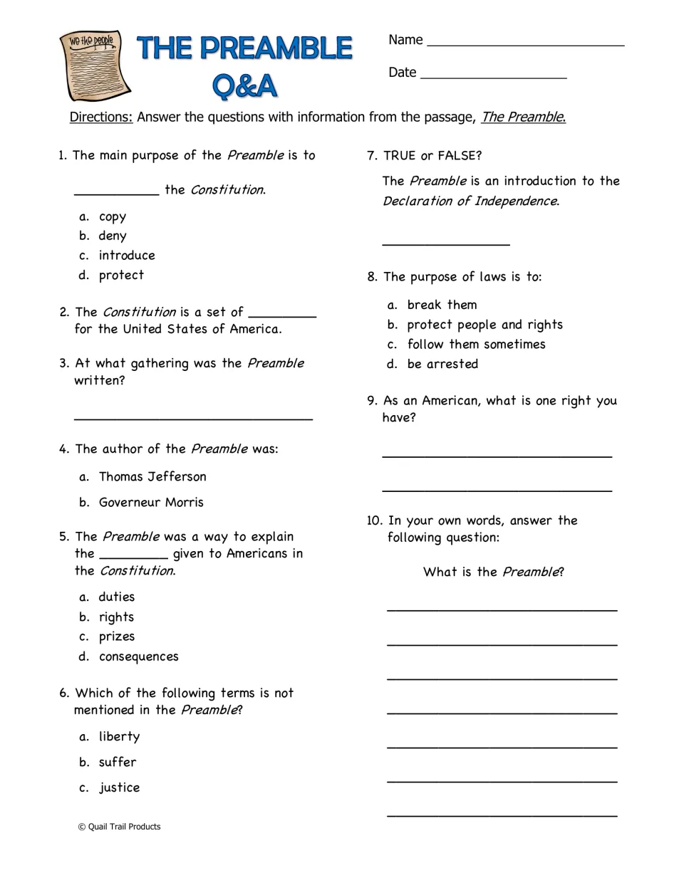 Preamble comprehension activity with 10 questions on its purpose, author, vocabulary, and American rights