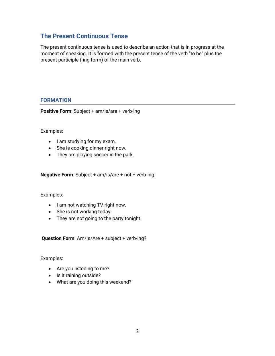 Verb tense formation notes: am/is/are plus verb-ing rules for positive, negative and question forms, with 3 examples each