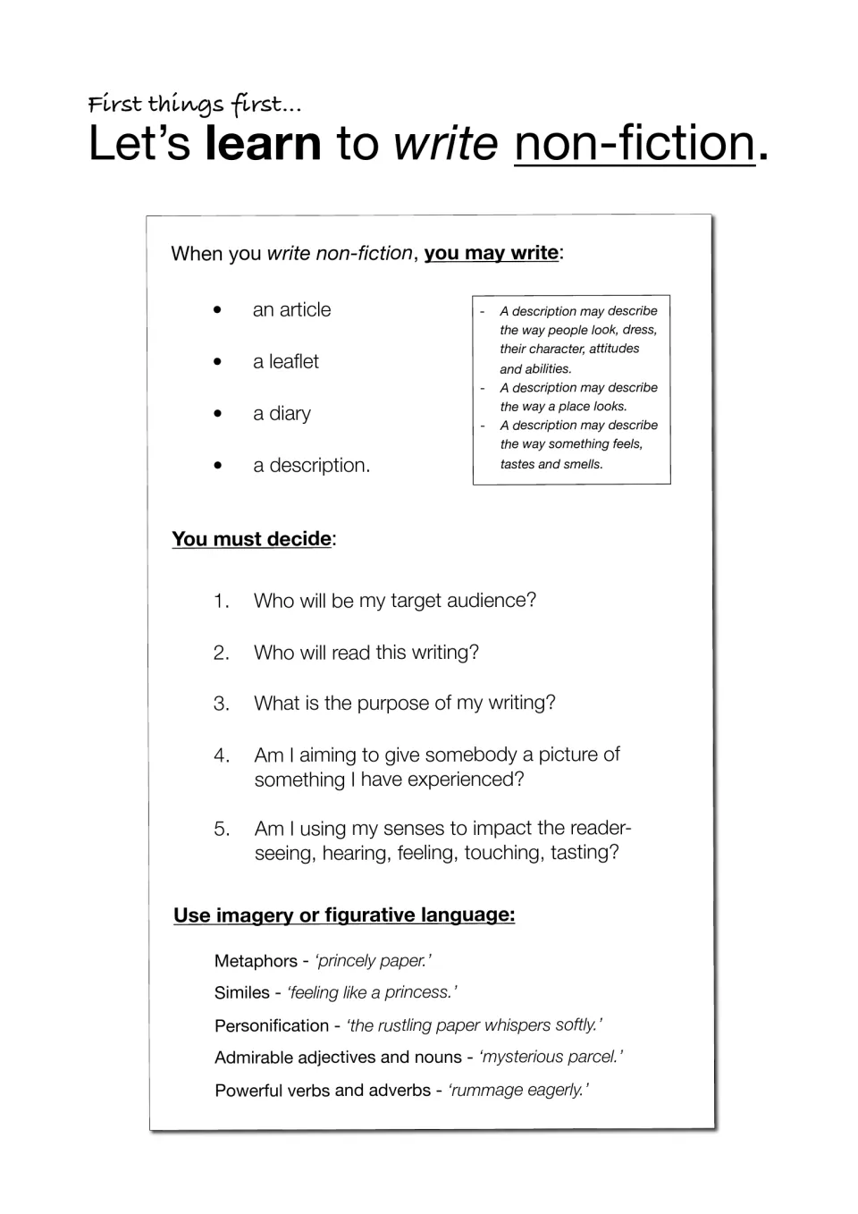 Intro to non-fiction: types of writing, five questions on audience and purpose, and examples of figurative language