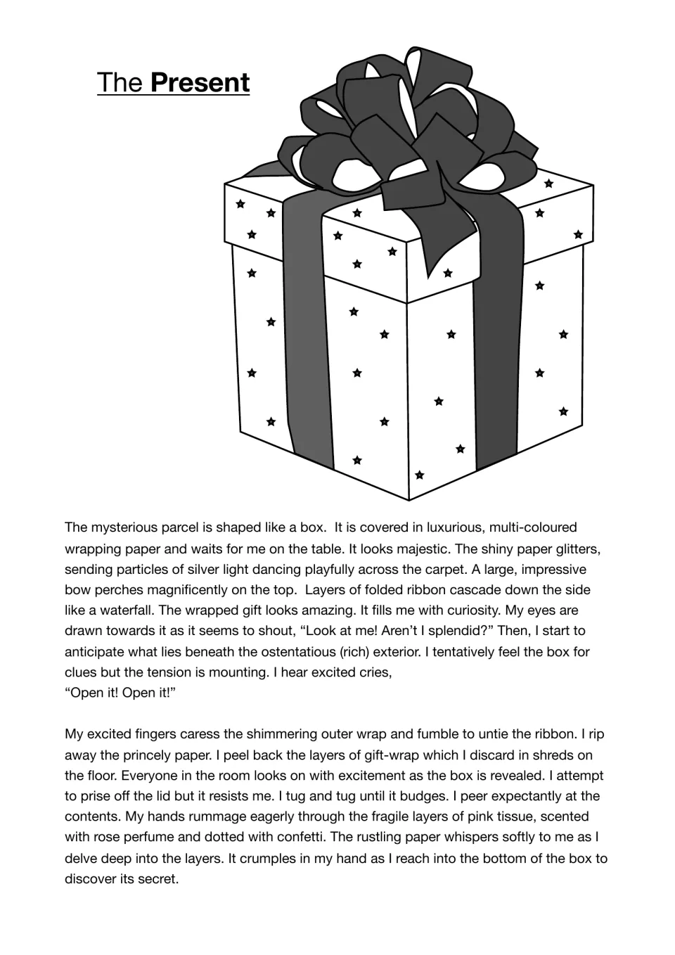 Model description of a wrapped gift and its unwrapping, using similes, personification and vivid verbs