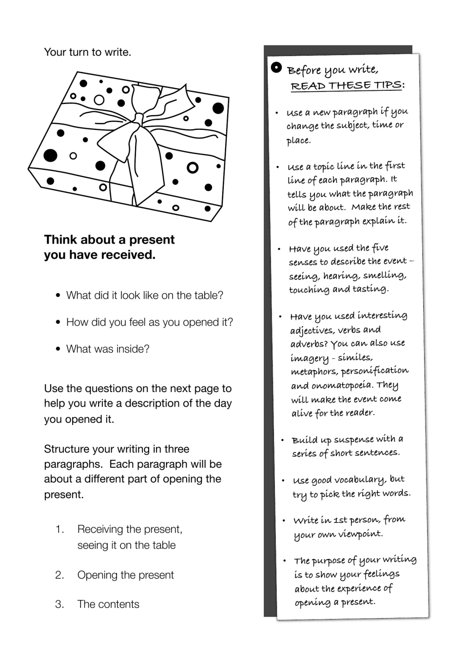 Your turn to write: students recall a present they received and plan three paragraphs, with tips on senses and suspense