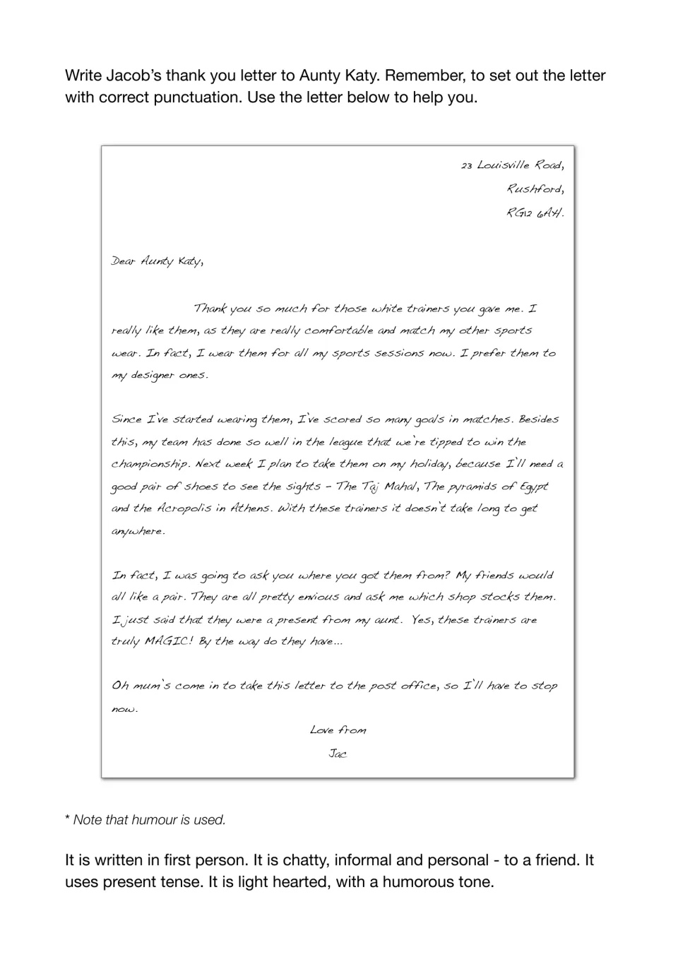 Thank you letter model: students study Jac's note to Aunty Katy about magic trainers and its humorous, informal tone