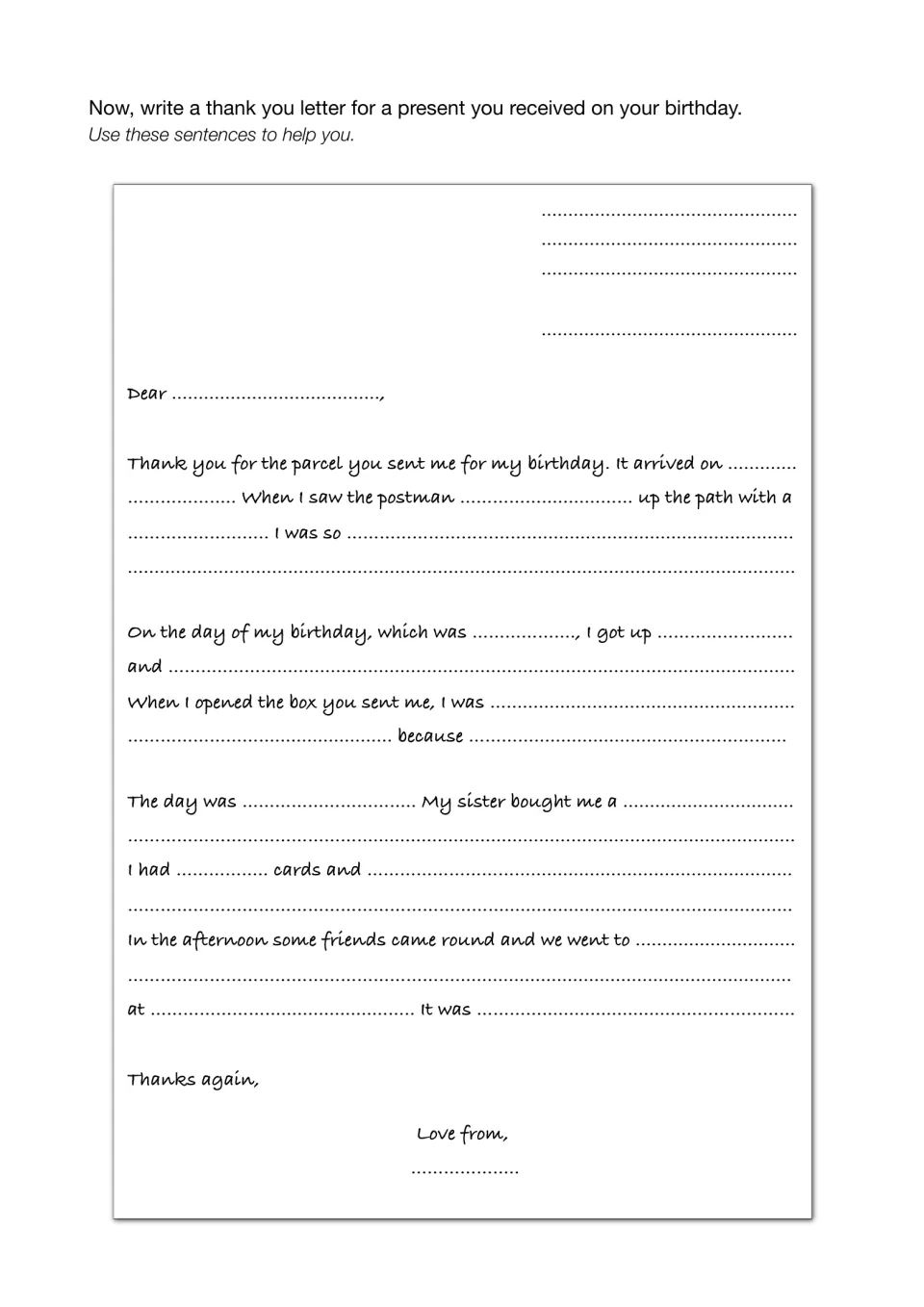 Birthday thank you letter frame: students fill in sentence starters about a parcel, opening the box and the day itself
