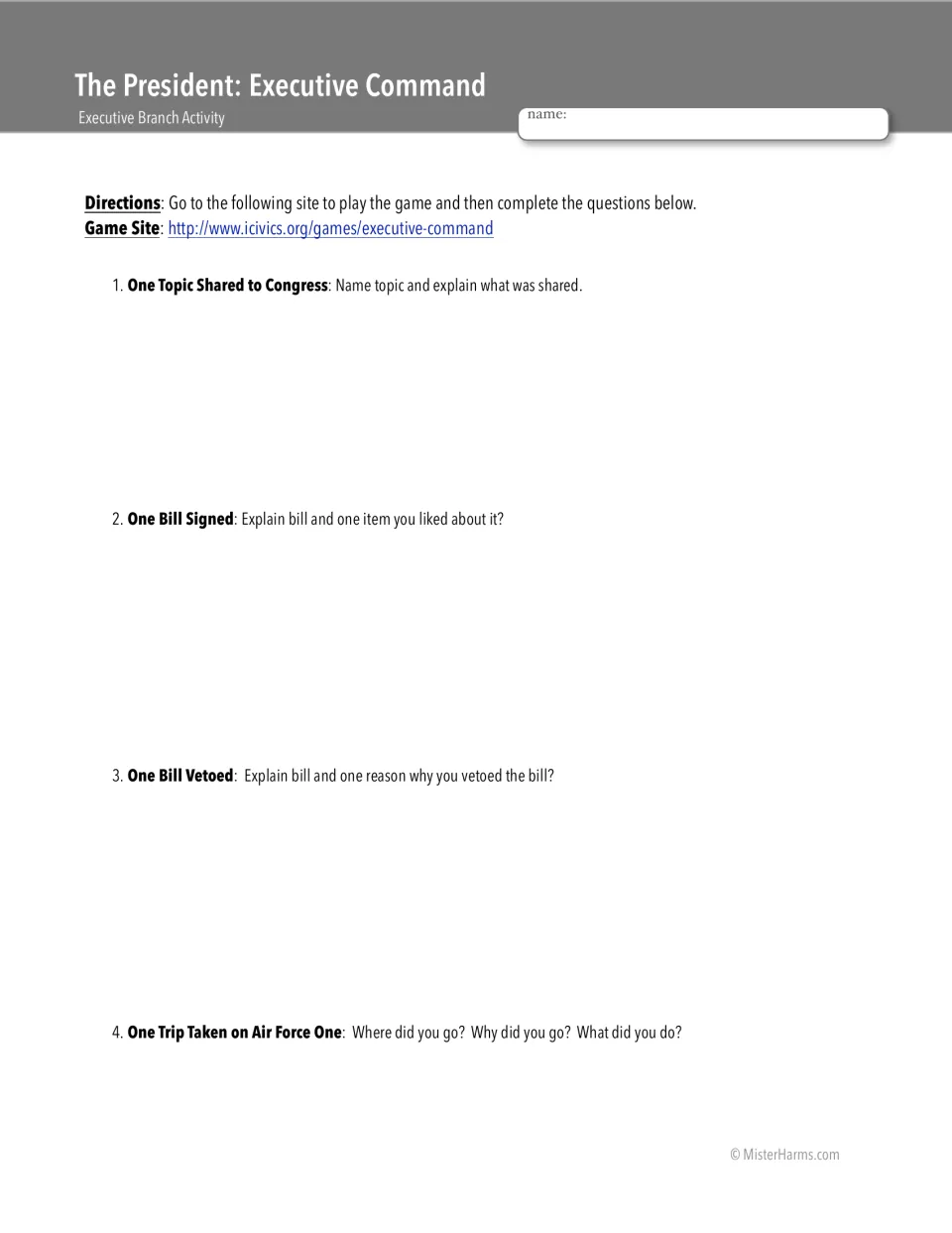 Game questions 1-4: students explain a topic shared to Congress, a bill signed, a bill vetoed and an Air Force One trip