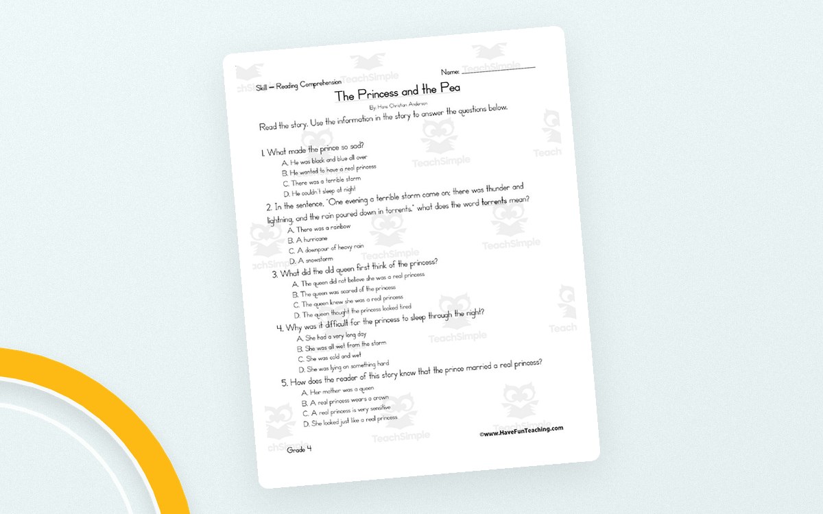 The Princess and the Pea Reading Comprehension Worksheet preview