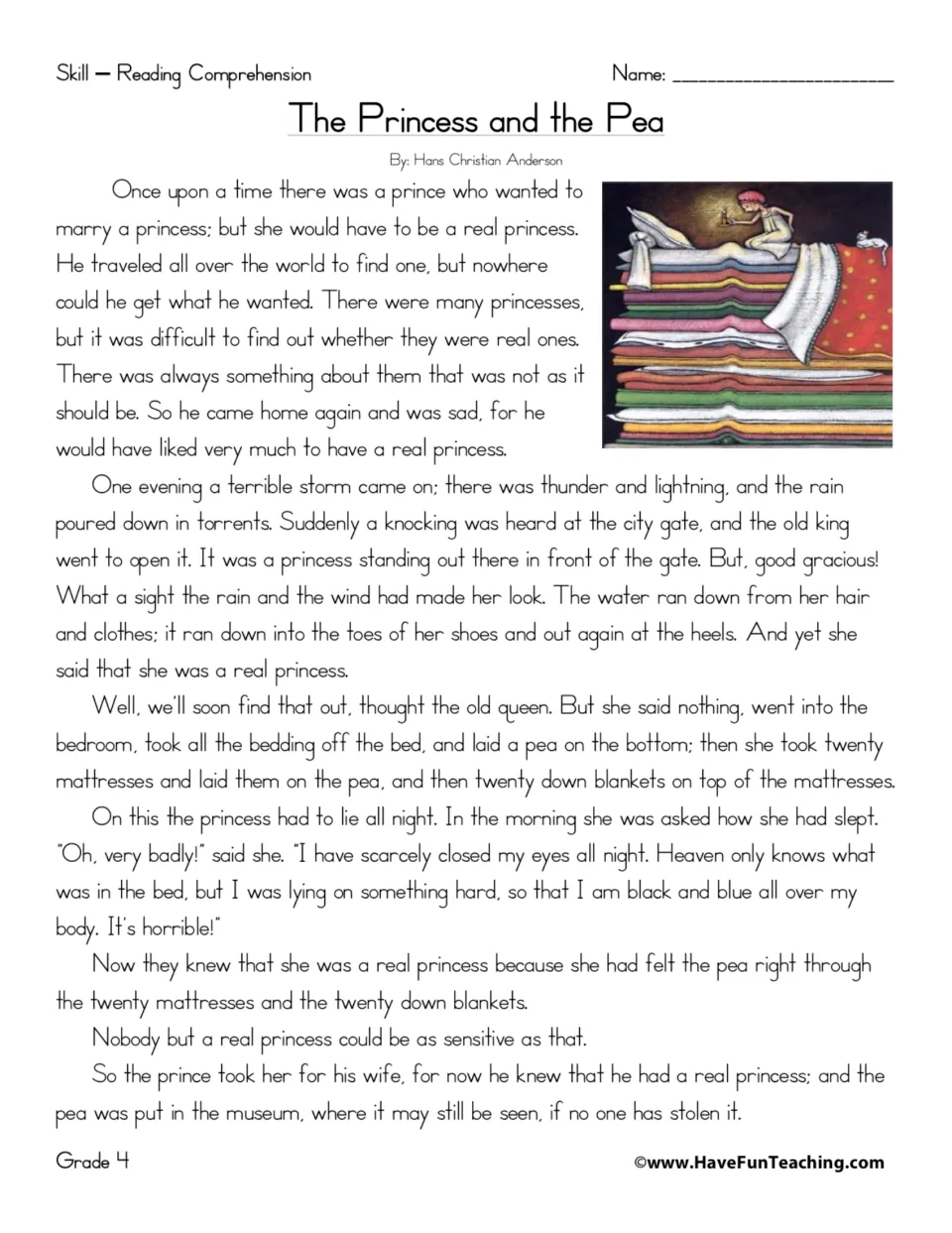 Princess and the Pea passage: students read the Andersen fairy tale of a queen testing a princess with a hidden pea