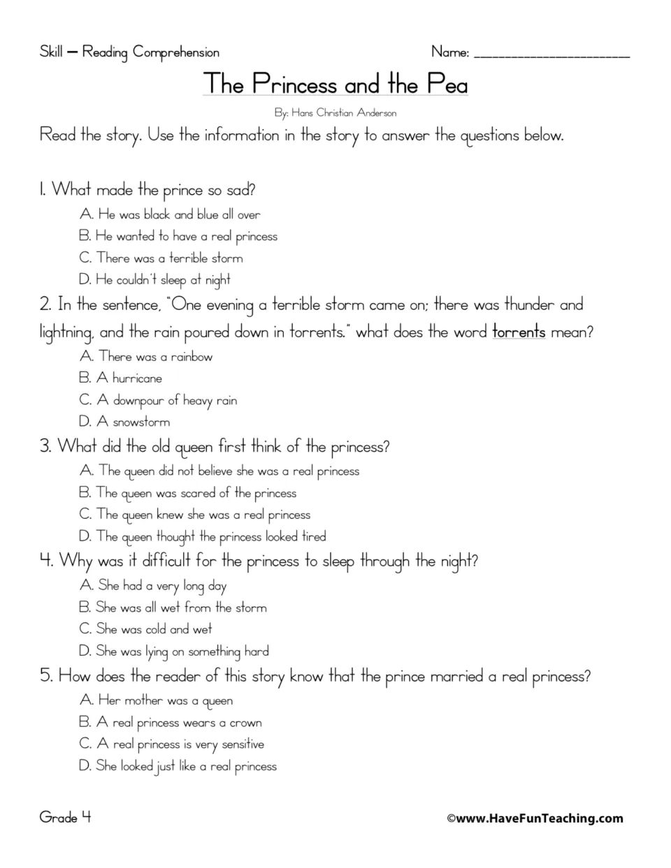 Story questions: students answer five multiple-choice items on character motives and the meaning of torrents