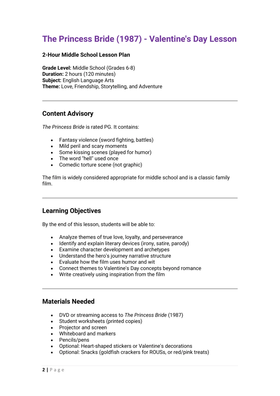 Princess Bride lesson overview: 2-hour plan with PG content advisory, learning objectives and a list of materials needed