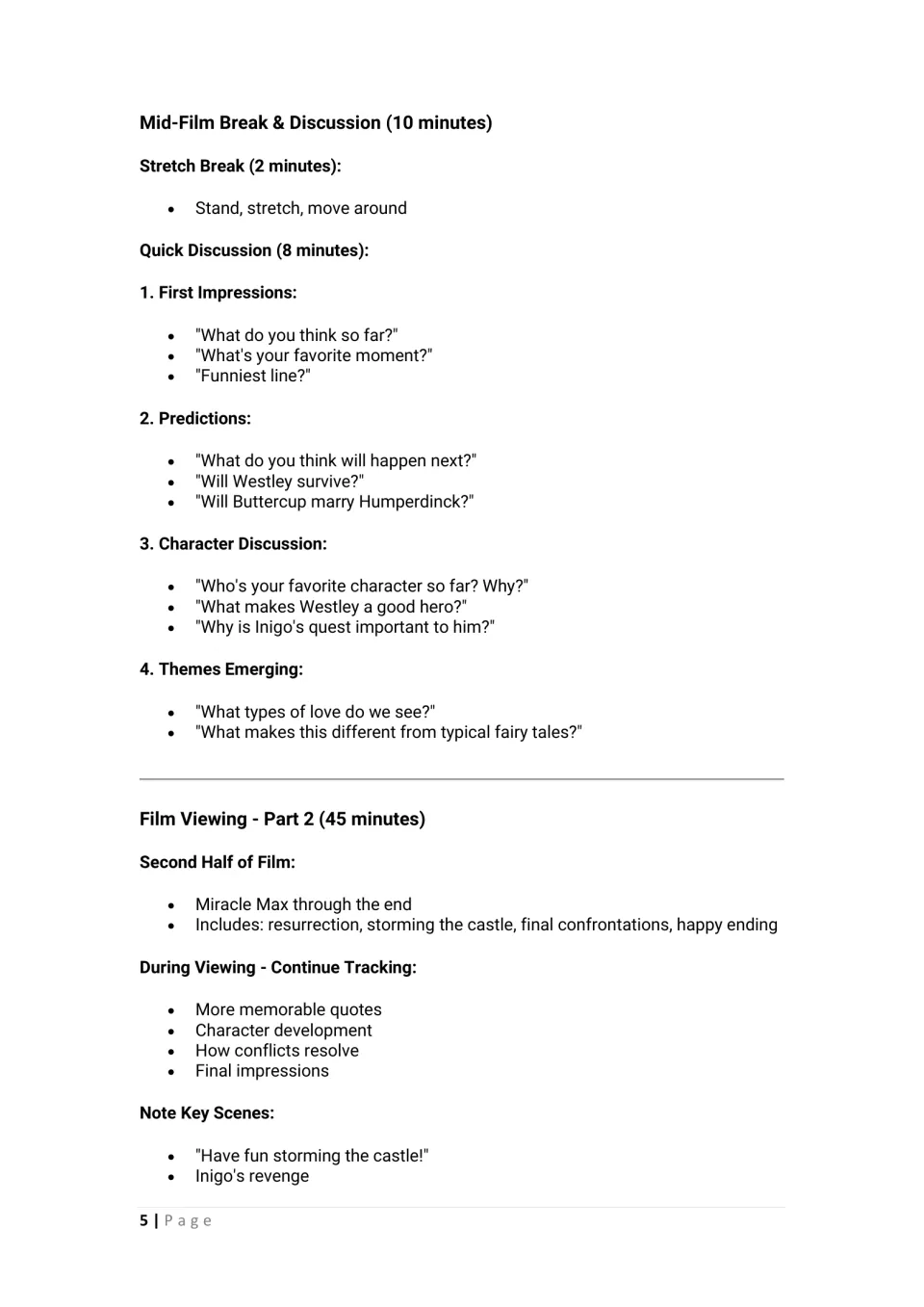 Mid-film break: discussion prompts on first impressions, predictions, characters and themes, then Part 2 viewing notes