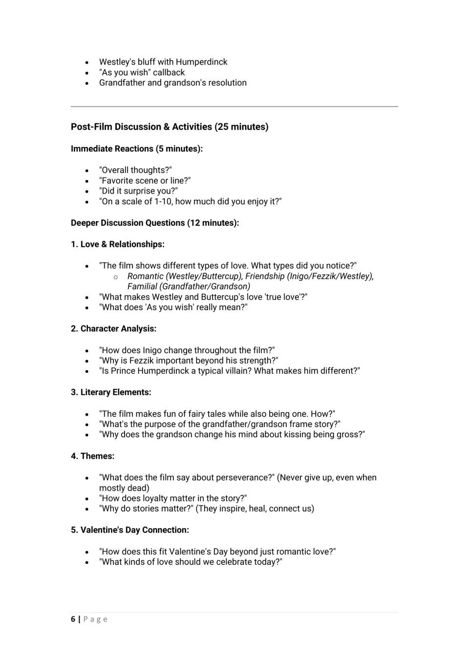 Post-film discussion questions on types of love, character analysis, literary elements, themes and Valentine's links
