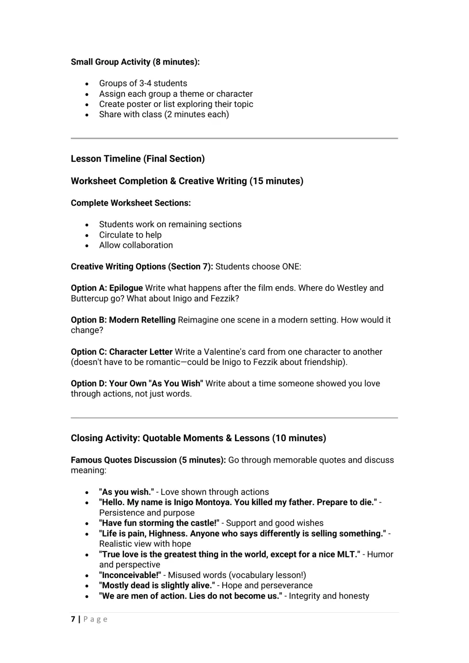 Small-group theme posters, four creative writing options such as an epilogue or character letter, and famous quotes