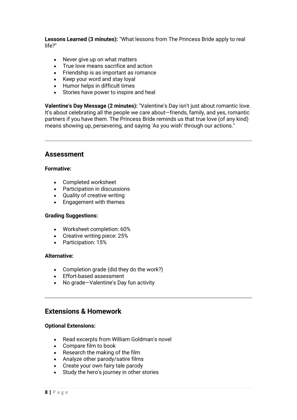 Lessons learned, a Valentine's Day closing message, assessment with grading percentages and optional extension ideas