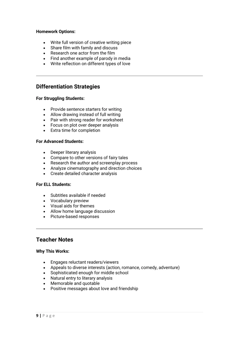 Homework options and differentiation strategies for struggling, advanced and ELL students, plus teacher notes on the film