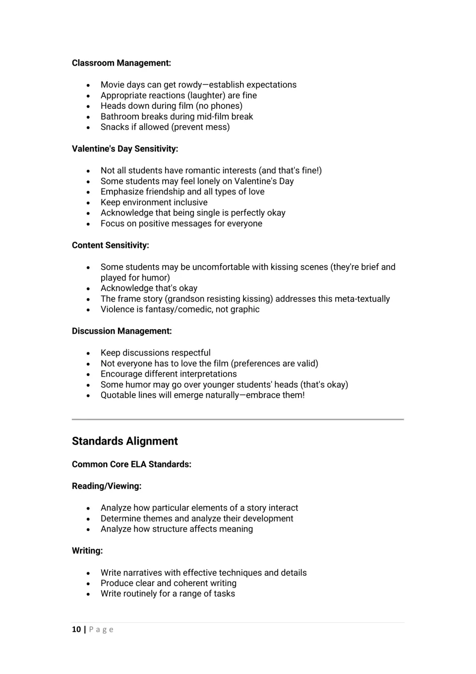 Classroom management and sensitivity notes on Valentine's Day and kissing scenes, plus a Common Core ELA standards list
