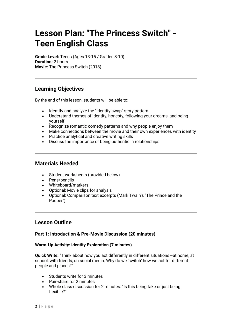 Princess Switch lesson plan opener: objectives on identity swap stories, materials list and a quick-write warm-up