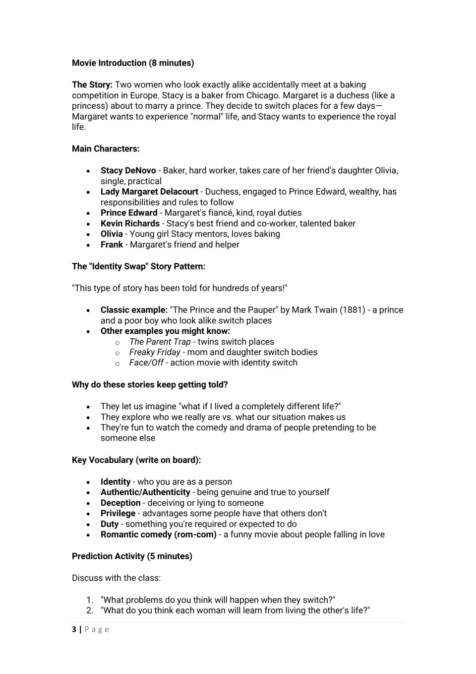 Movie introduction: story summary, main characters, identity swap examples, key vocabulary and a prediction discussion
