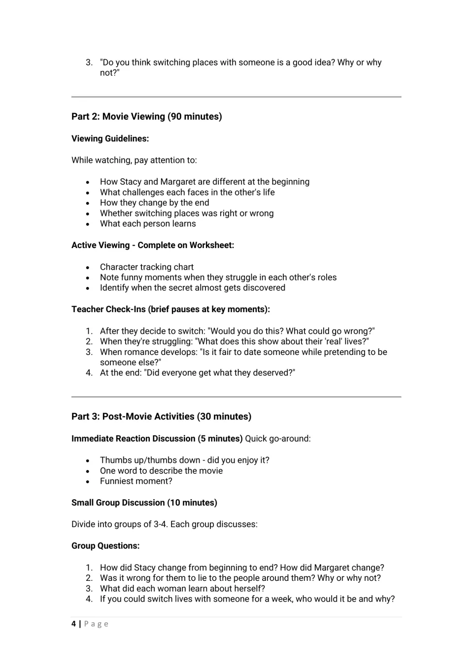 Movie viewing guidelines and teacher check-in questions, then post-movie reactions and small group discussion prompts