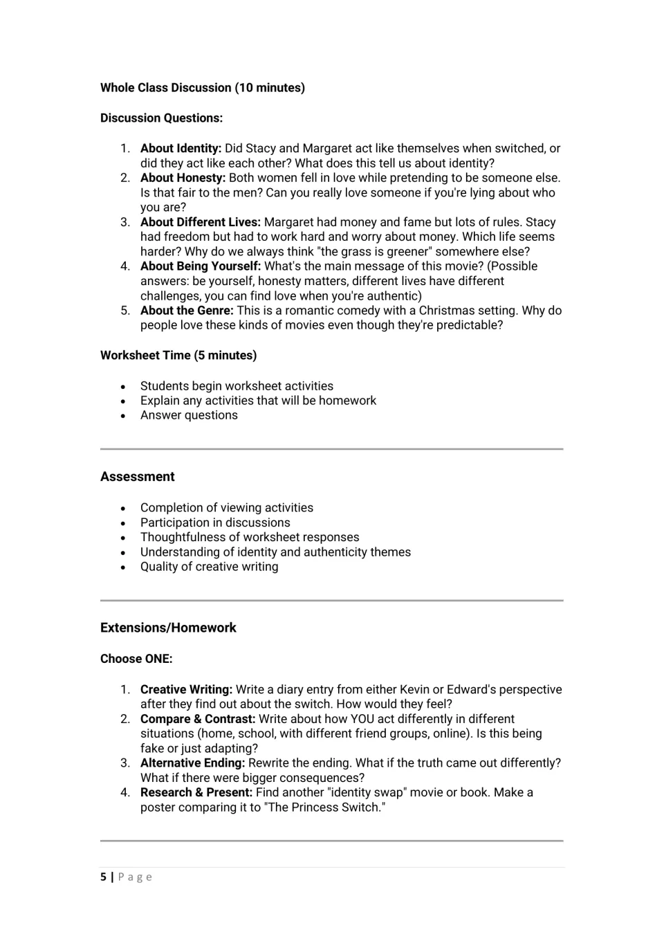 Whole class discussion questions on identity, honesty and genre, plus assessment criteria and four homework choices
