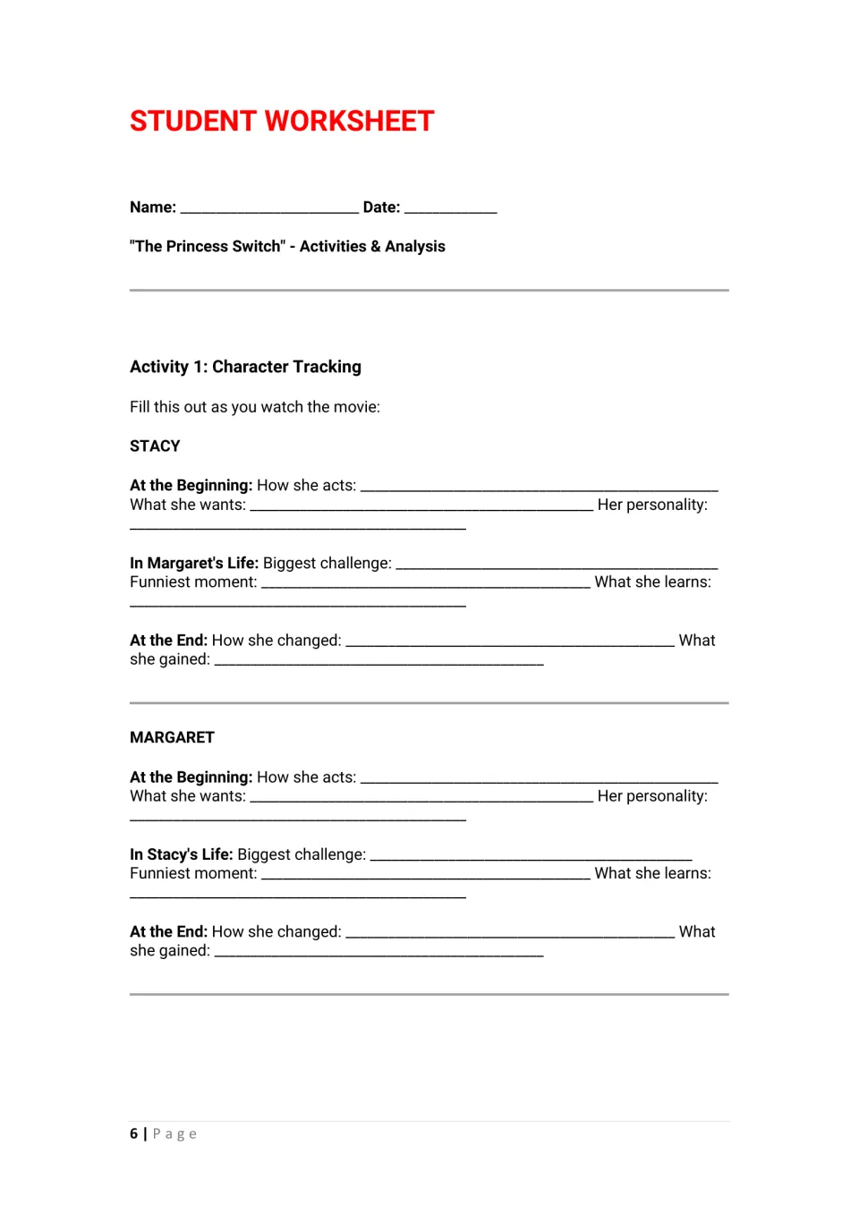 Character tracking: students note how Stacy and Margaret act, what each learns and how each changes by the end