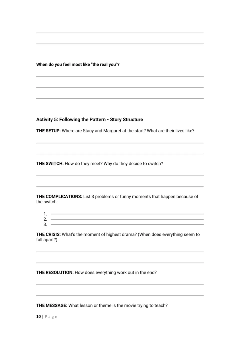 Story structure: students trace the film's setup, switch, three complications, crisis, resolution and message